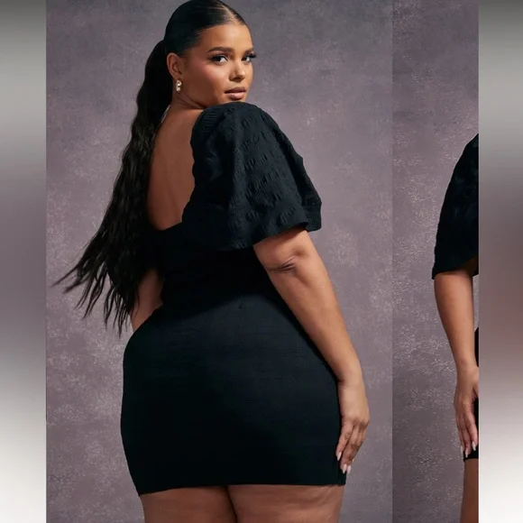 PrettyLittleThing NWT Black PuffSleeve Textured V-Bar Bodycon Mini Dress Size 18 - Picture 3 of 12